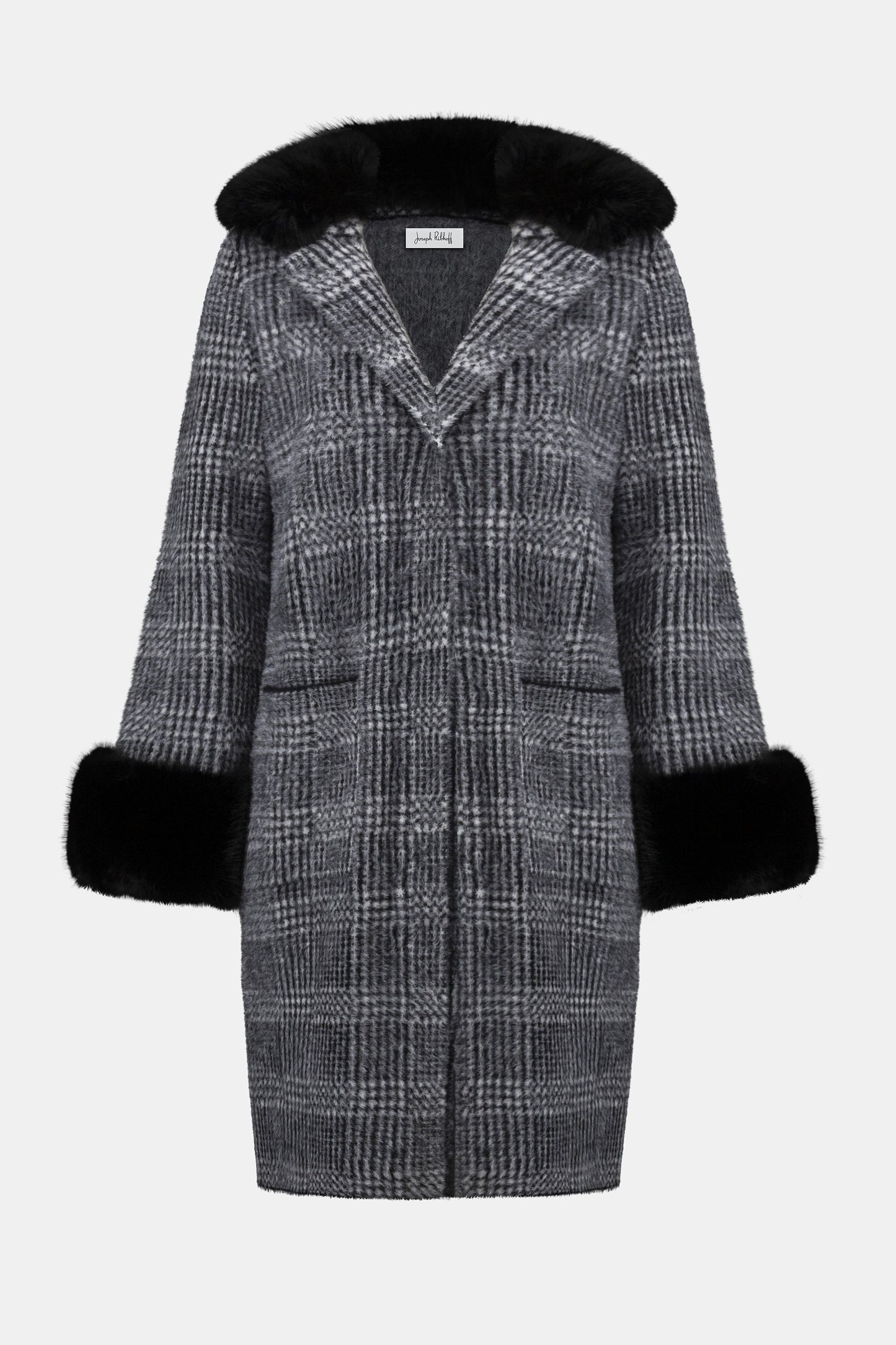 Feather Yarn Plaid Jacquard Coat with Faux Fur Trim 253900 SALE