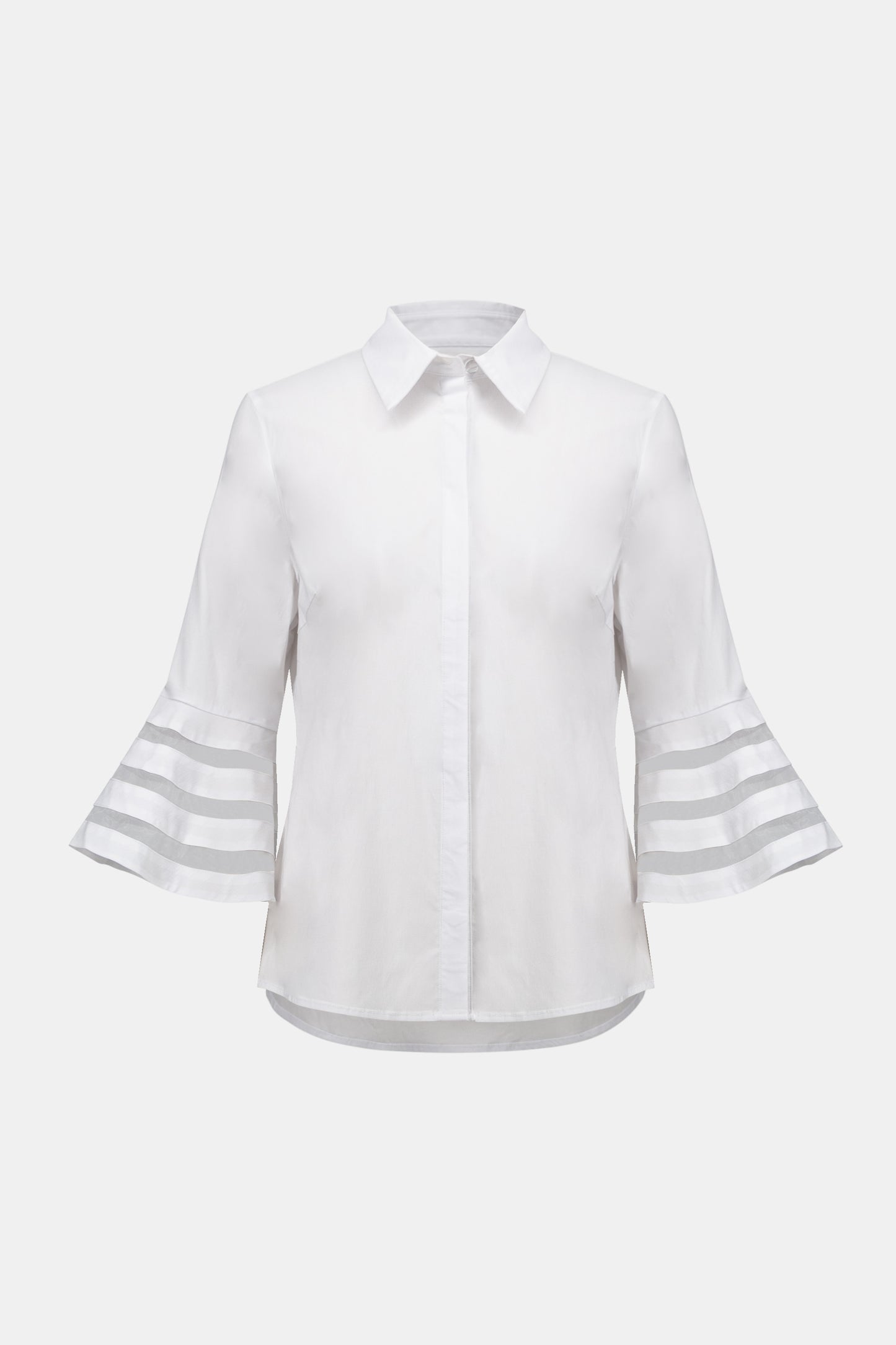 Stretch Poplin Straight Blouse with Organza Bell Sleeves 261933