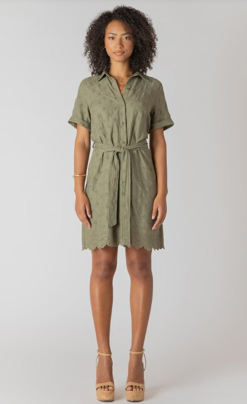 Linen SS Belted Eyelet Hem Mini Shirt Dress 2722621