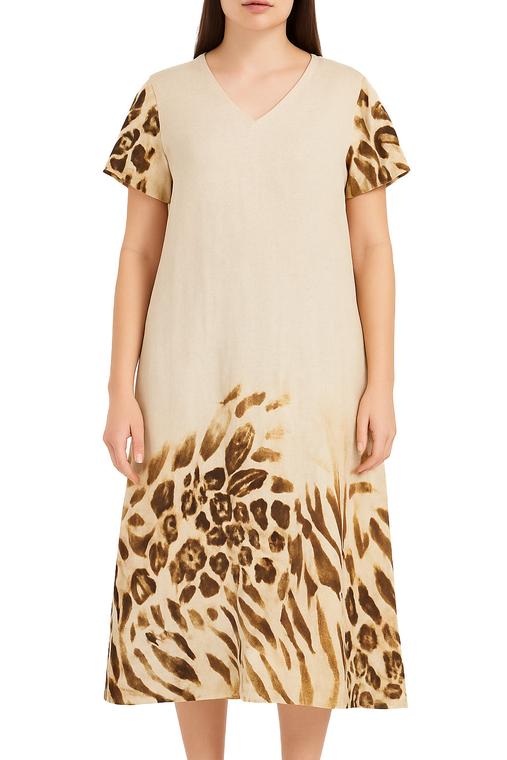 Linen Dress with Lepard Print Sleeves