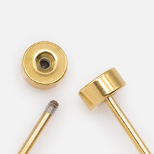 Load image into Gallery viewer, Mini pale pink flower gold earrings with central cubic zirconia in stainless steel