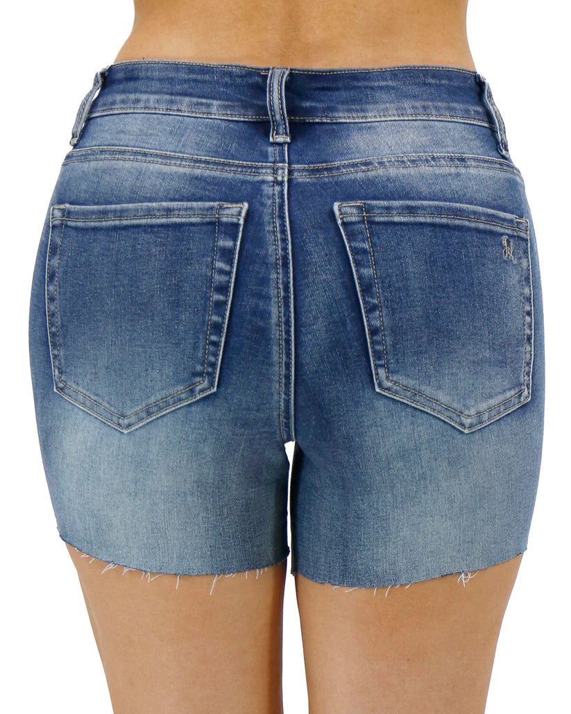 Distressed Stretch Denim Shorts in Vintage Mid-Wash SALE