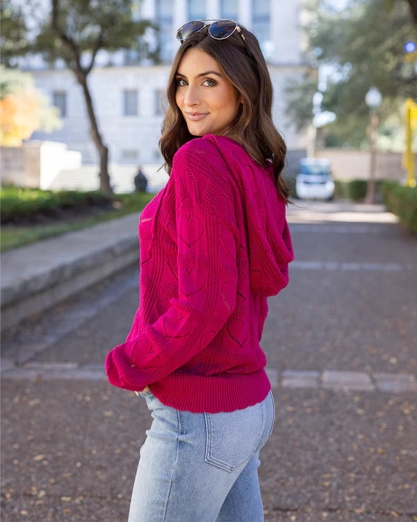 hooded heart pointelle knit sweater