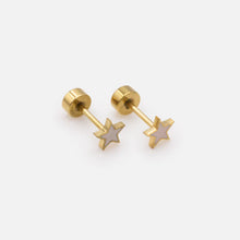 Load image into Gallery viewer, Mini pale pink flower gold earrings with central cubic zirconia in stainless steel