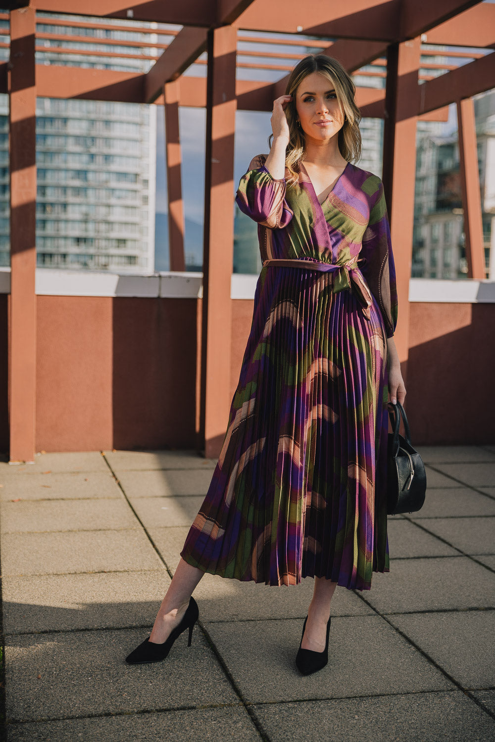 Satin Abstract Print Pleated Dress SALE