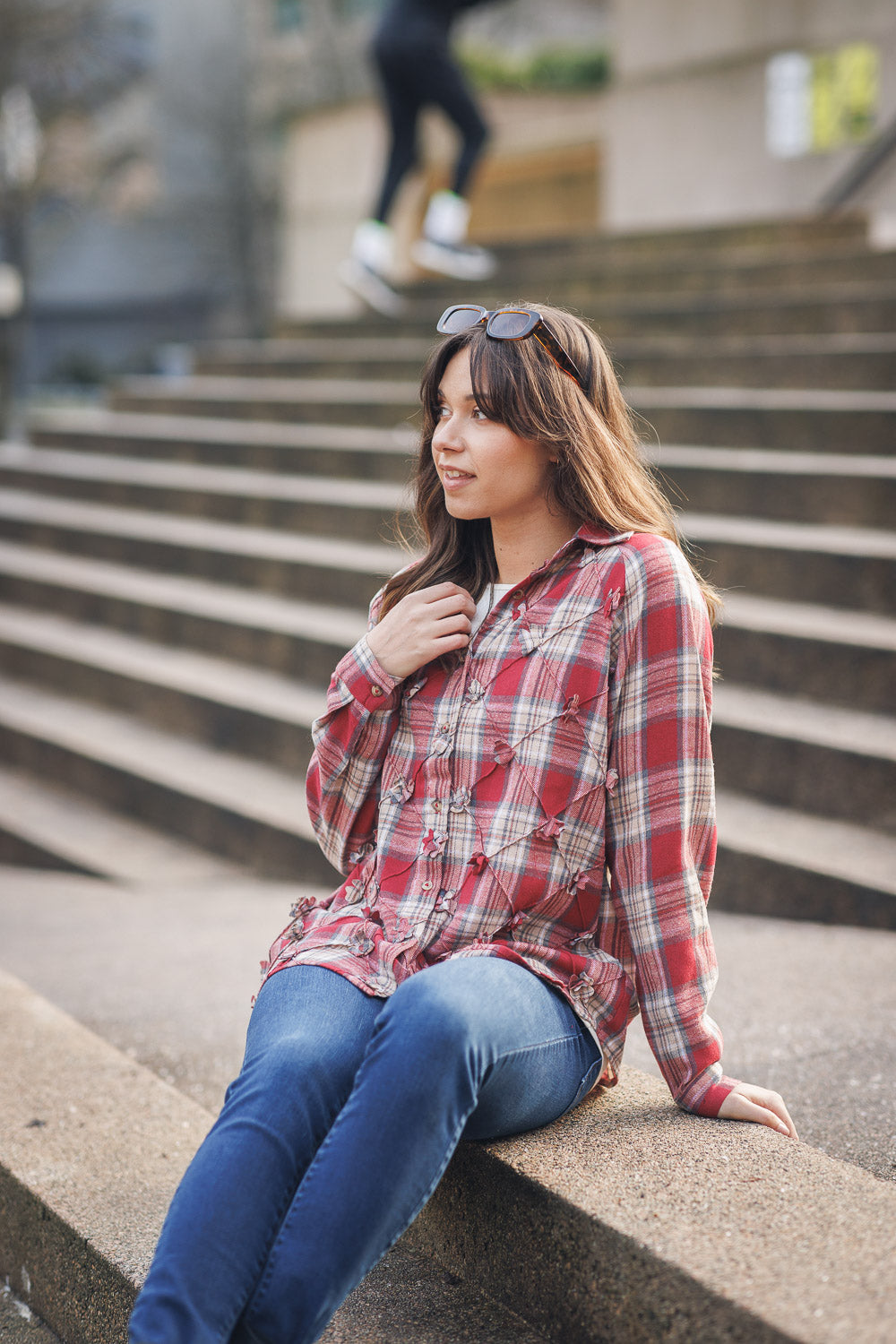 3D Floral Plaid Top