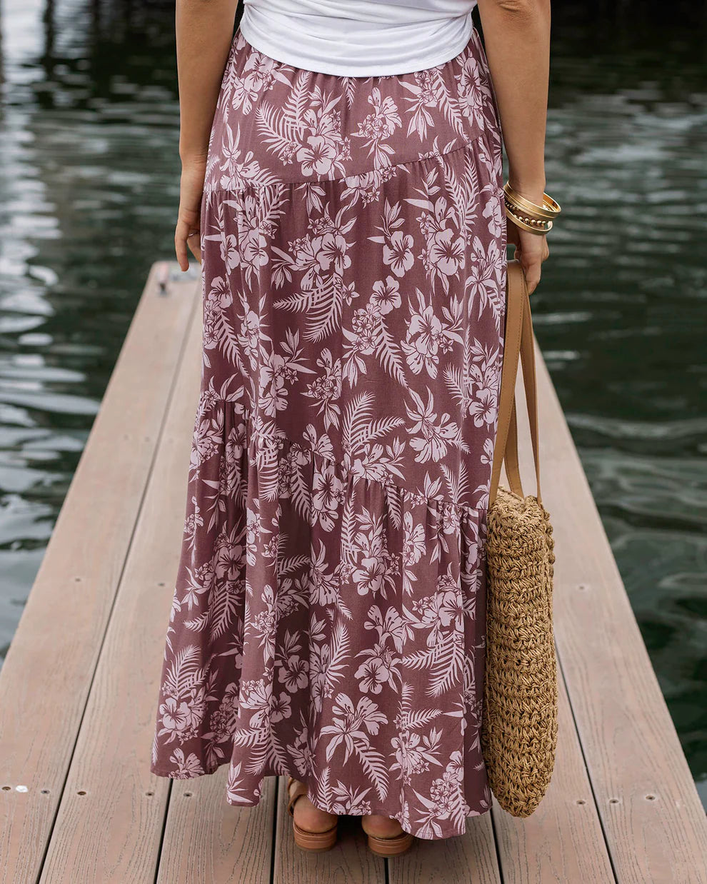 Pocket Tiered Maxi Skirt in Pink Floral-SALE