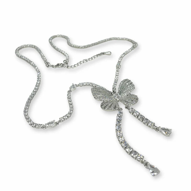 Silver Butterfly Crystal Drop Necklace