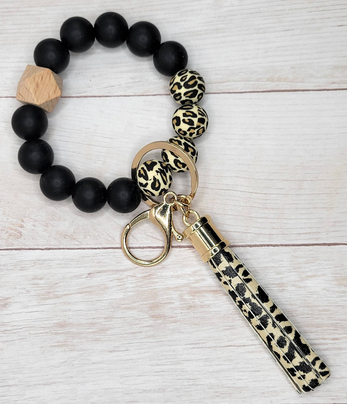 The Wristlet Bar - #23 Leopard Silicone Wristlet Keychain w/ Black Tassel