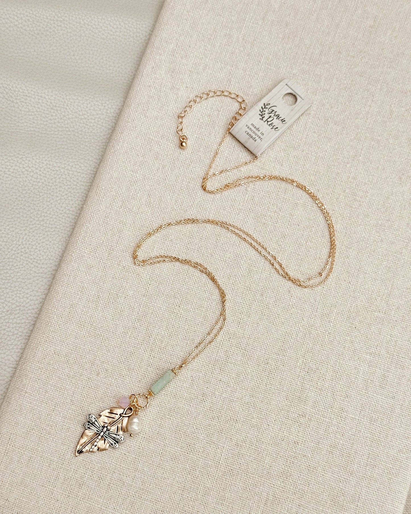 Gold Dragonfly Amazonite & Crystal Pendant Necklace