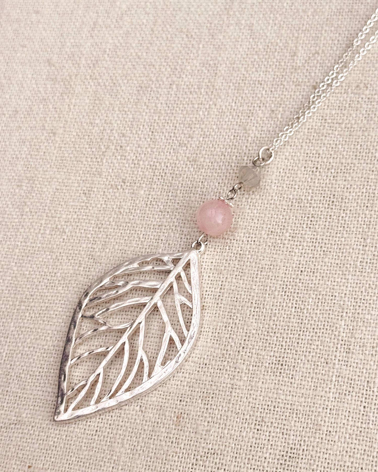 Silver Leaf Necklace – Rose Quartz & Swarovski Crystal