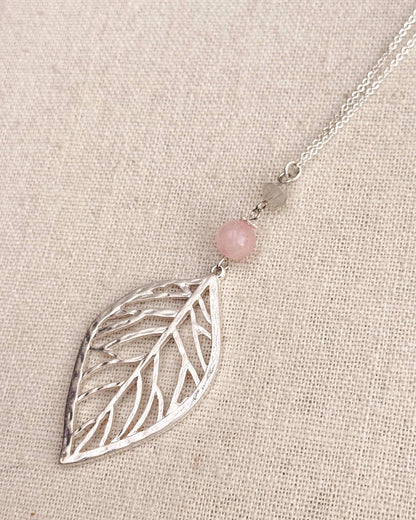 Silver Leaf Necklace – Rose Quartz & Swarovski Crystal