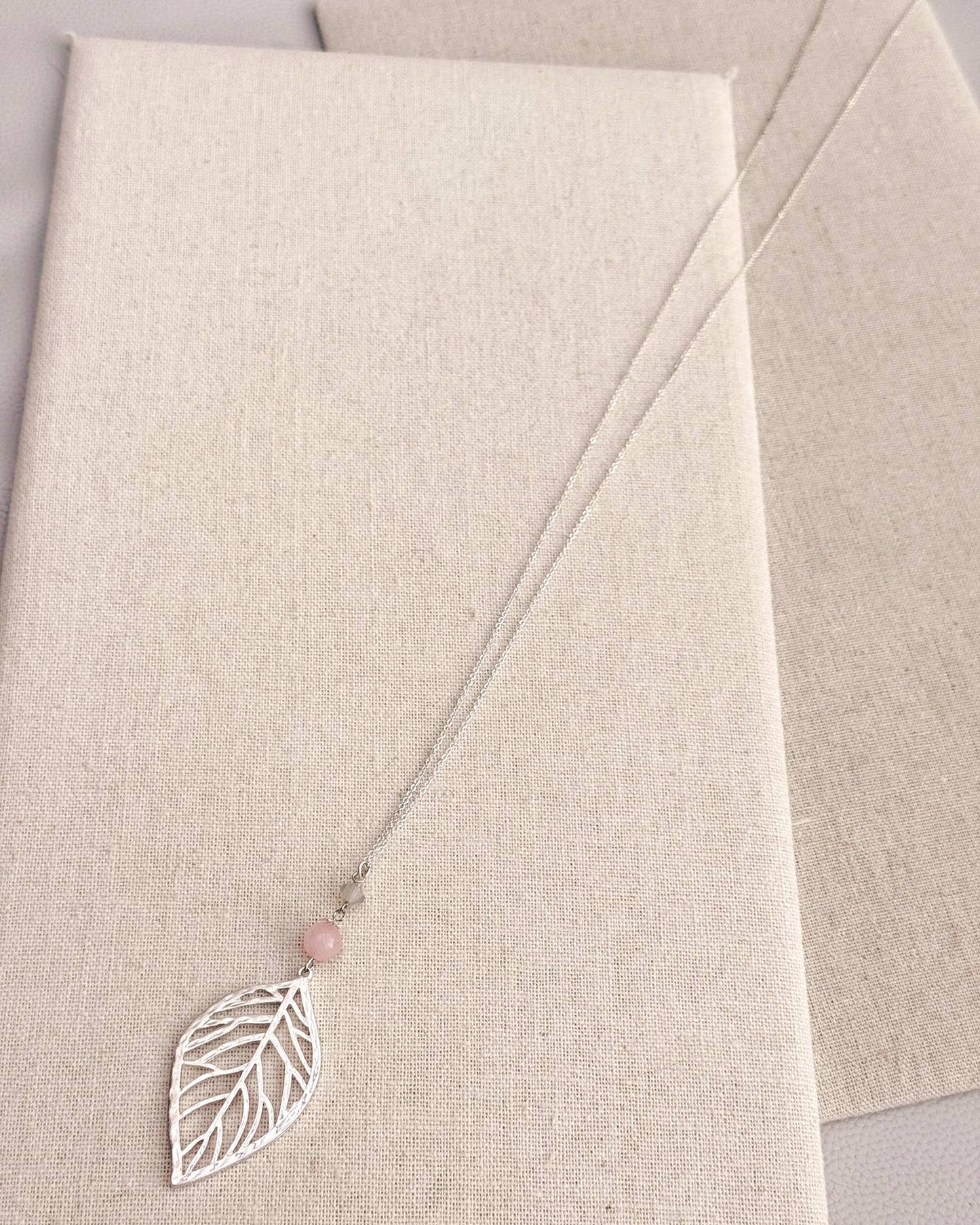 Silver Leaf Necklace – Rose Quartz & Swarovski Crystal