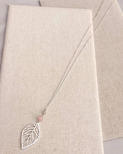 Silver Leaf Necklace – Rose Quartz & Swarovski Crystal