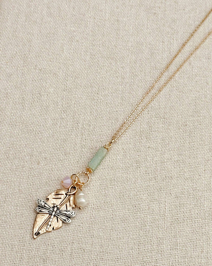 Gold Dragonfly Amazonite & Crystal Pendant Necklace
