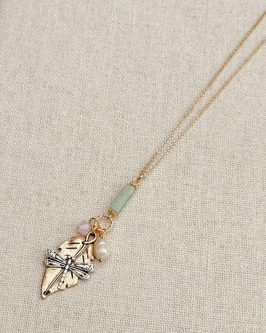 Gold Dragonfly Amazonite & Crystal Pendant Necklace 246333