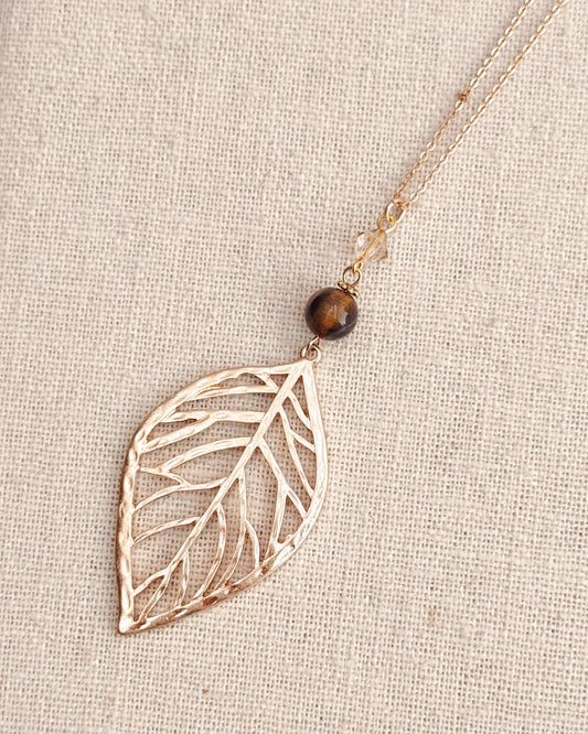 Tiger Eye & Swarovski Crystal Gold Leaf Necklace 210602