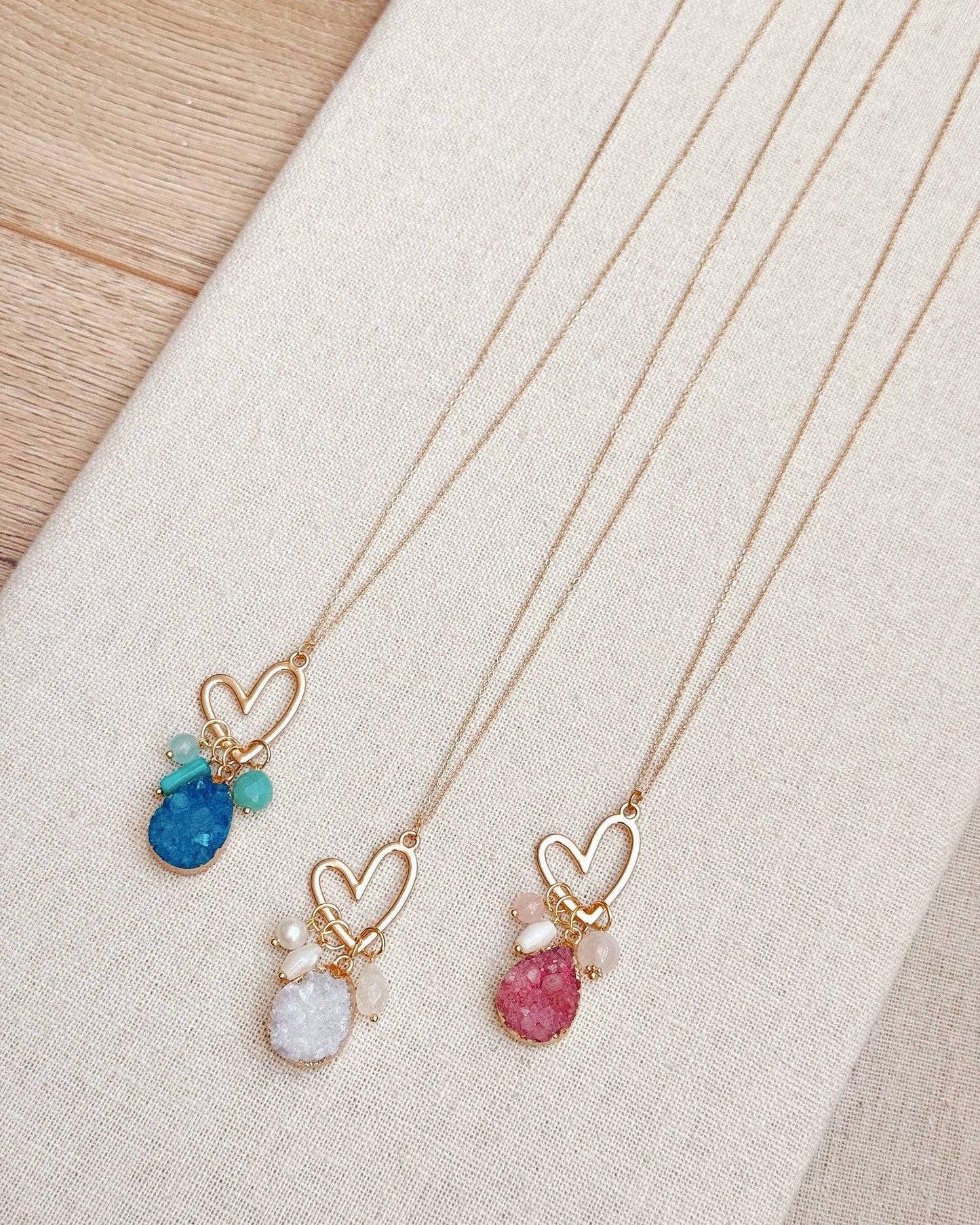 Colorful Druzy Quartz Cluster Heart Pendant Necklace 80330