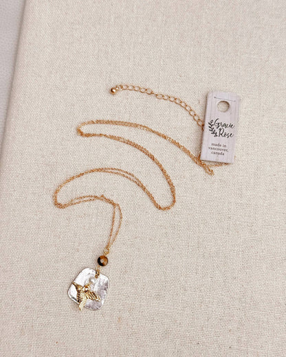 Tiger’s Eye Freshwater Pearl Hummingbird Necklace