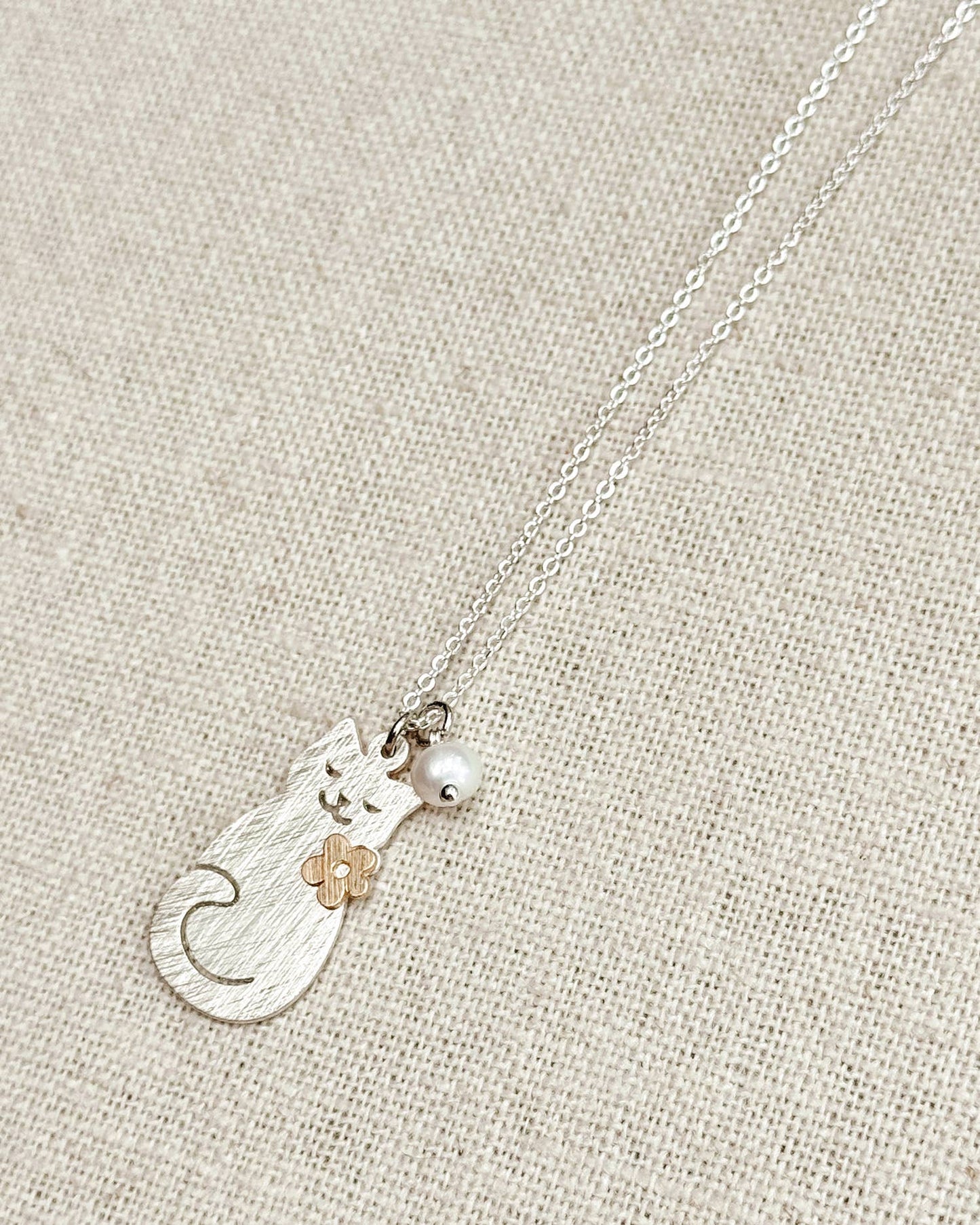Brass Cat Charm Necklace with Pearl Accent 248772