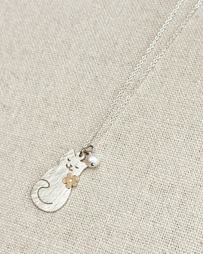 Brass Cat Charm Necklace with Pearl Accent 248772