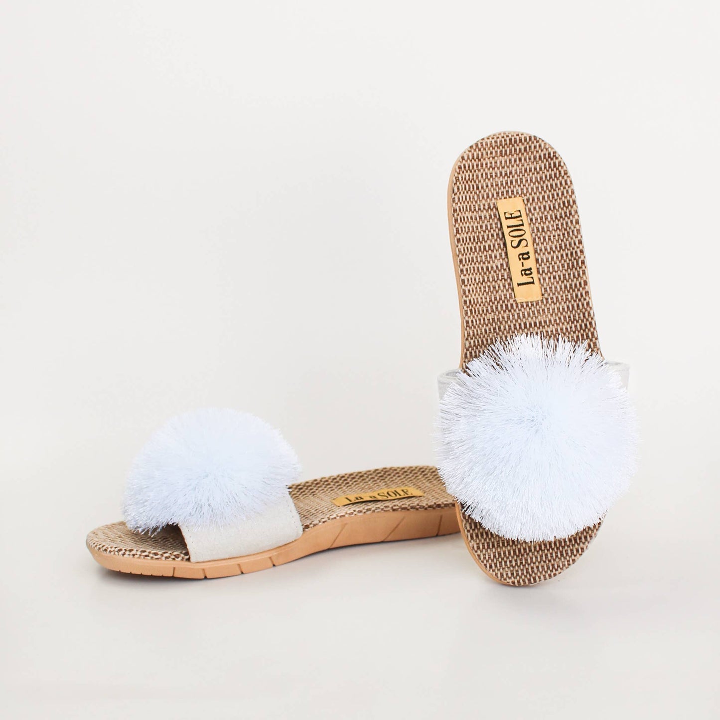 Pom Pom Slides – White | Women’s Slip-On Summer Sandals