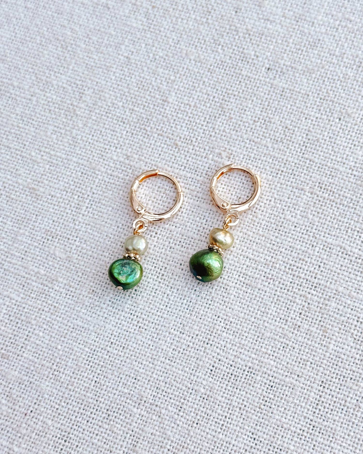 Jewel Tone Freshwater Pearl Gold Huggie Hoop Earrings