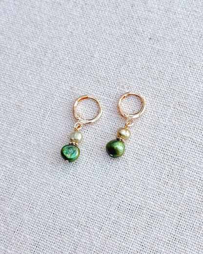 Jewel Tone Freshwater Pearl Gold Huggie Hoop Earrings