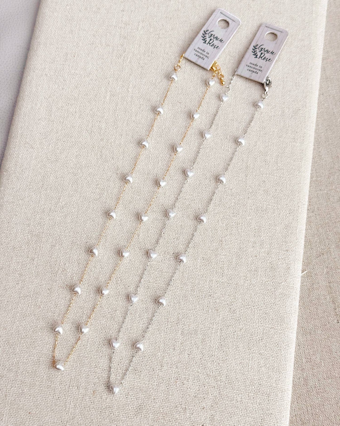 Faux Pearl Hearts Link Chain Necklace