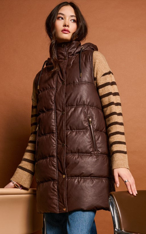 Hooded Faux Leather Puffer Vest