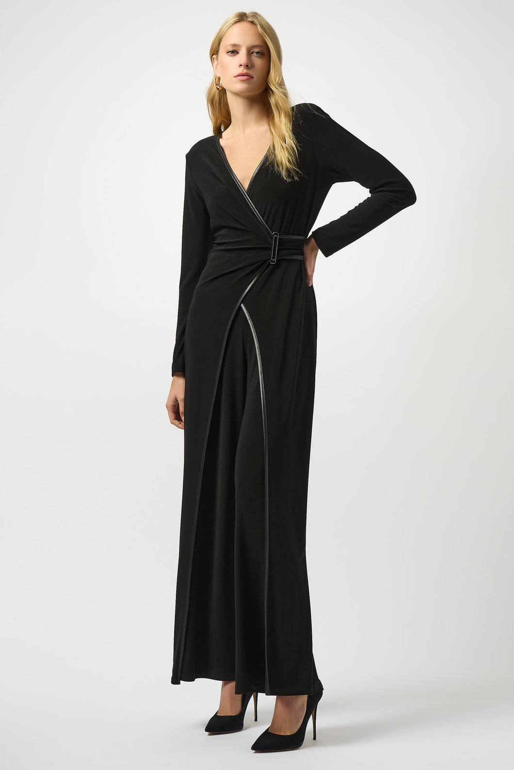 Silky Knit & Leatherette Wide-Leg Jumpsuit 253249