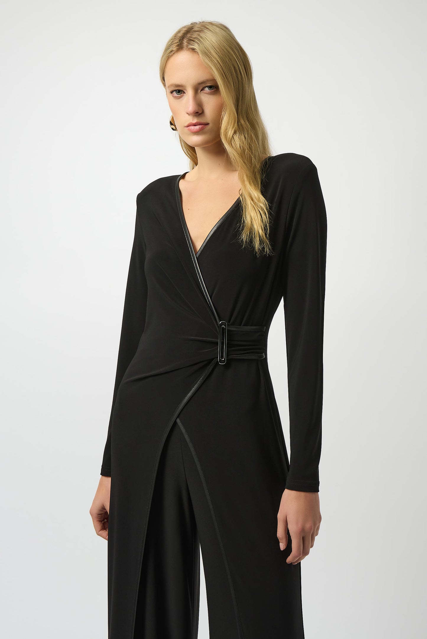 Silky Knit & Leatherette Wide-Leg Jumpsuit 253249-SALE