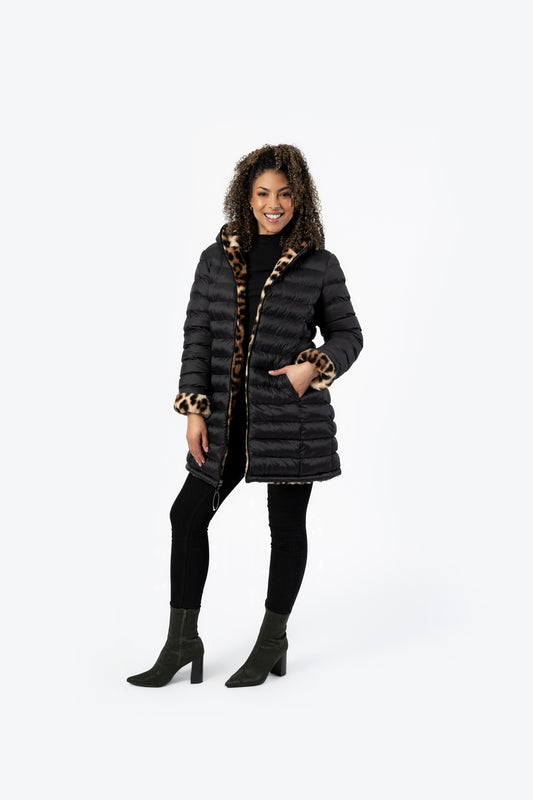 Patty Puffer Black Leopard Jacket