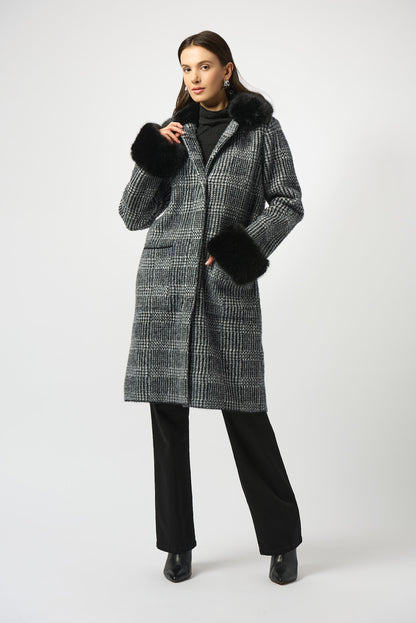 Feather Yarn Plaid Jacquard Coat with Faux Fur Trim 253900 SALE