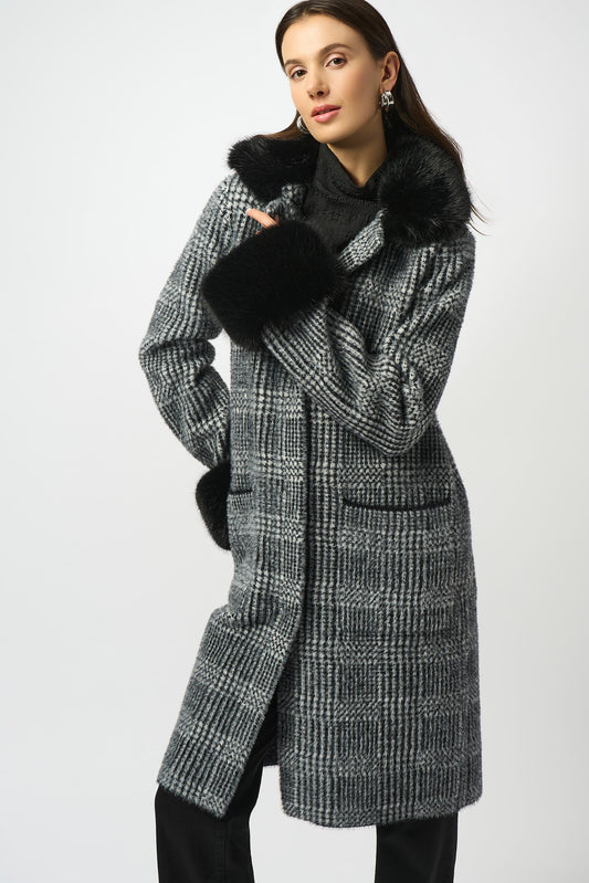 Feather Yarn Plaid Jacquard Coat with Faux Fur Trim 253900 SALE