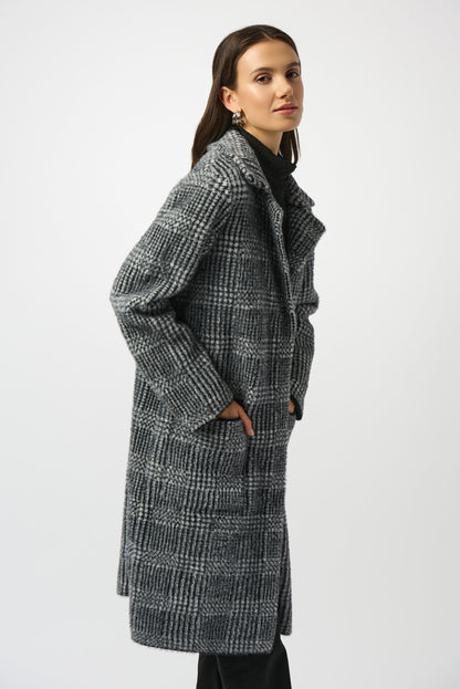 Feather Yarn Plaid Jacquard Coat with Faux Fur Trim 253900 SALE