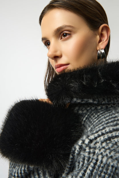 Feather Yarn Plaid Jacquard Coat with Faux Fur Trim 253900 SALE