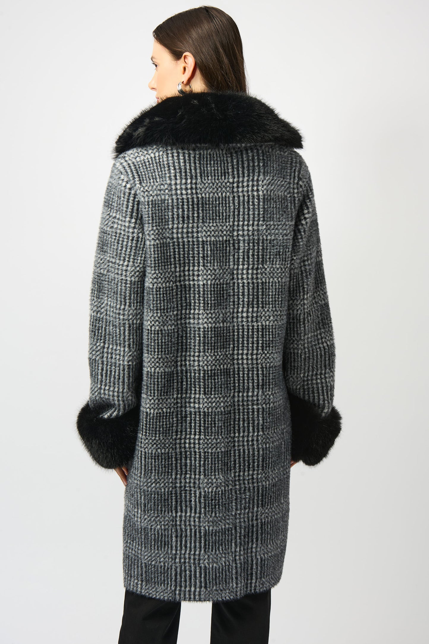 Feather Yarn Plaid Jacquard Coat with Faux Fur Trim 253900 SALE