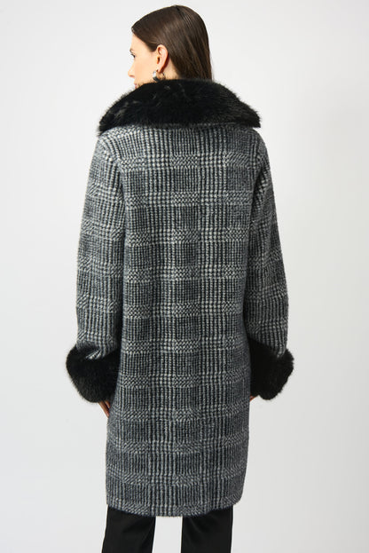 Feather Yarn Plaid Jacquard Coat with Faux Fur Trim 253900 SALE