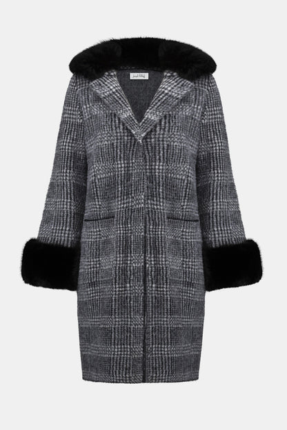 Feather Yarn Plaid Jacquard Coat with Faux Fur Trim 253900 SALE