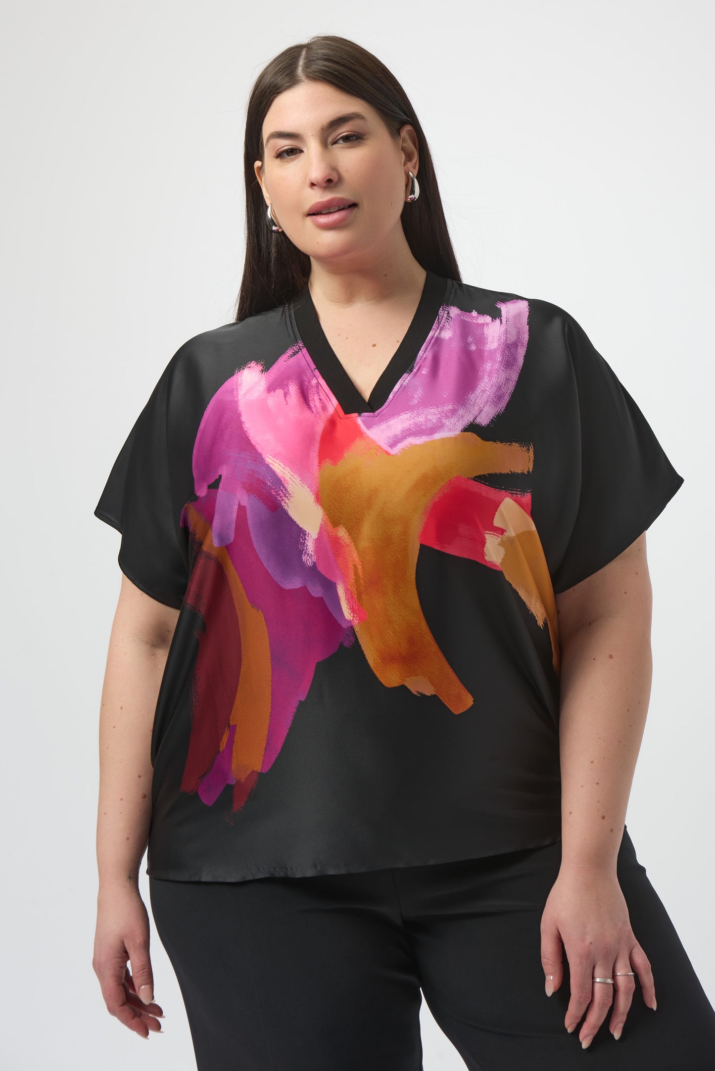 Satin Abstract Print Boxy Top with Rib Trim 253922 SALE