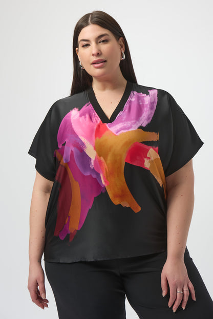 Satin Abstract Print Boxy Top with Rib Trim 253922 SALE