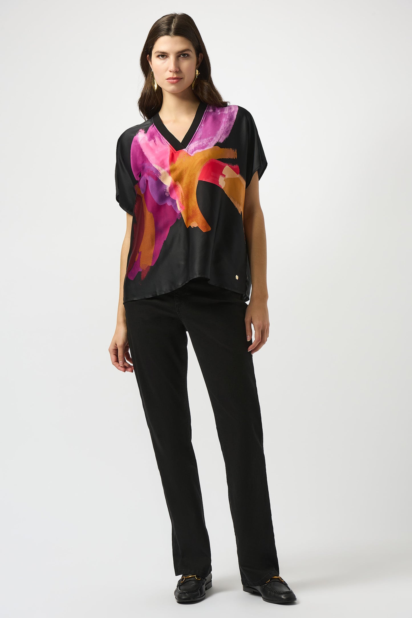 Satin Abstract Print Boxy Top with Rib Trim 253922 SALE