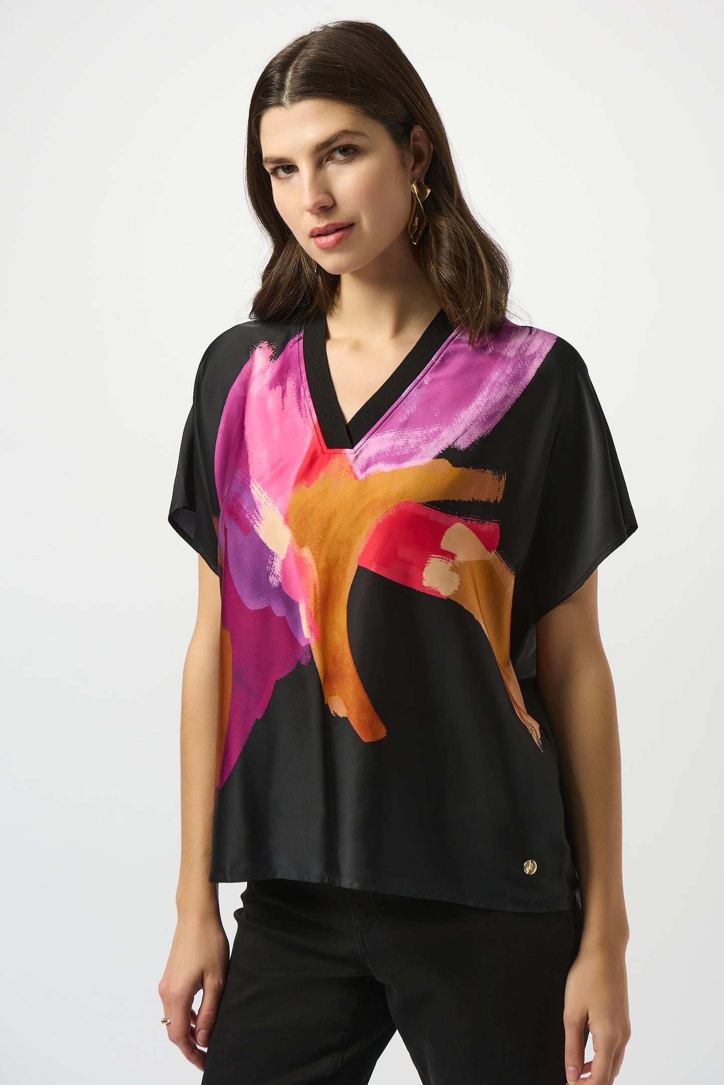 Satin Abstract Print Boxy Top with Rib Trim 253922 SALE