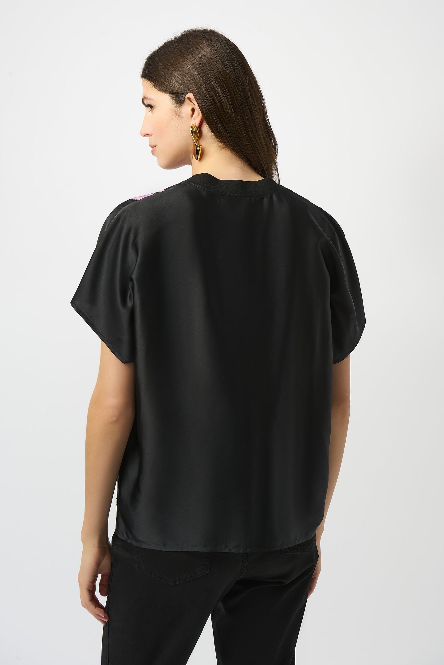 Satin Abstract Print Boxy Top with Rib Trim 253922 SALE