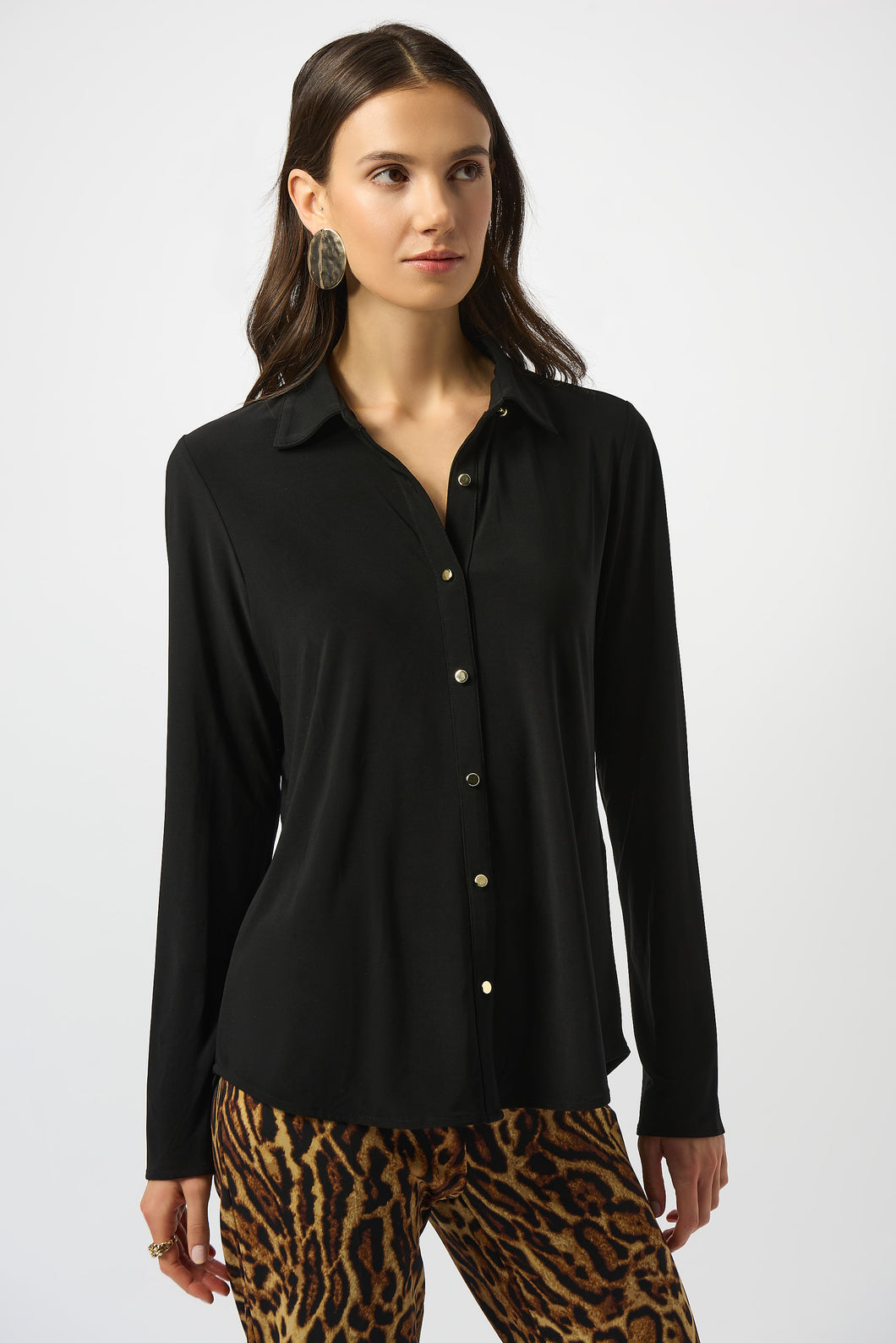 Silky Knit Button-Front Straight Blouse 253941