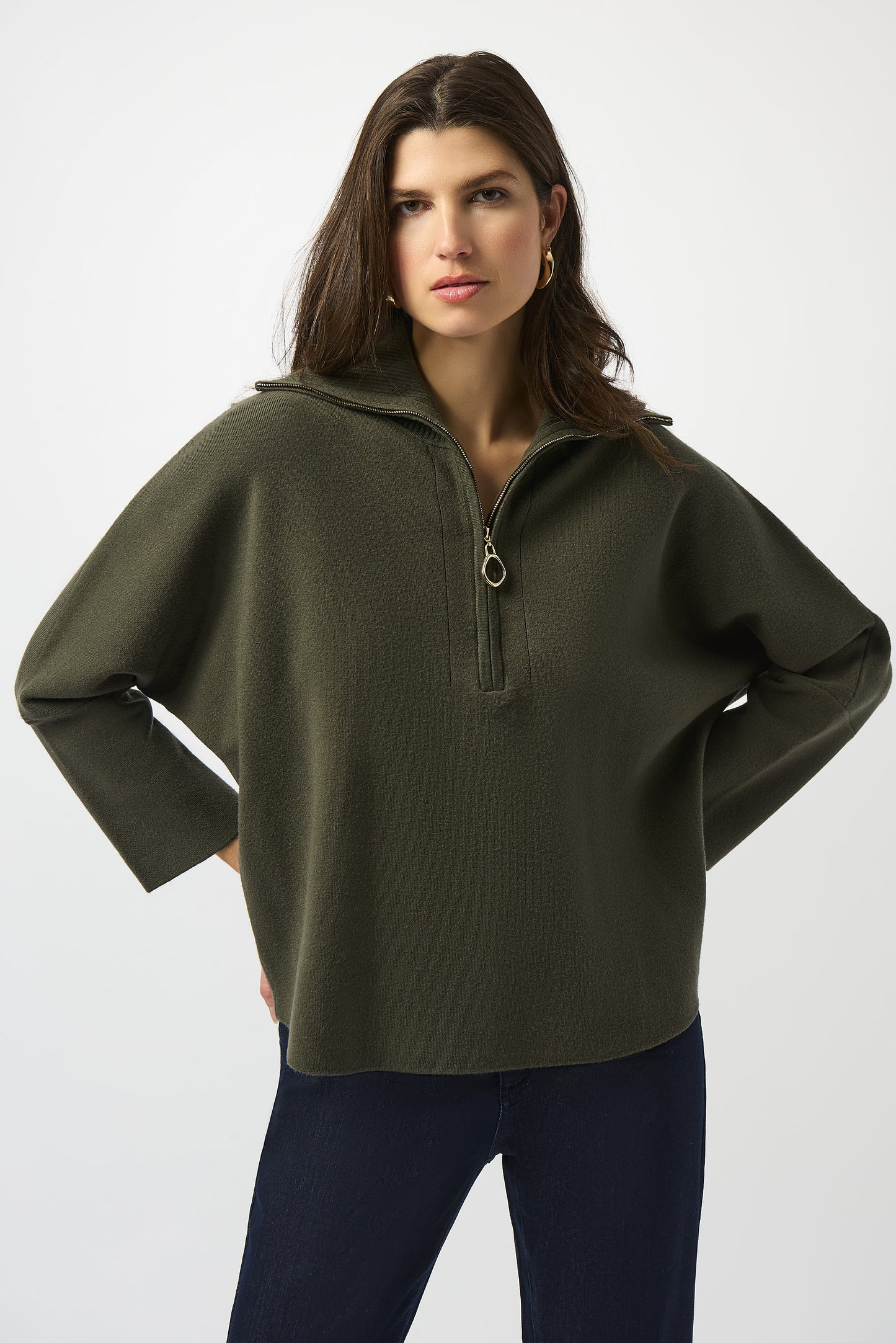 Sweater Knit Boxy Pullover With Zipped Collar 253963