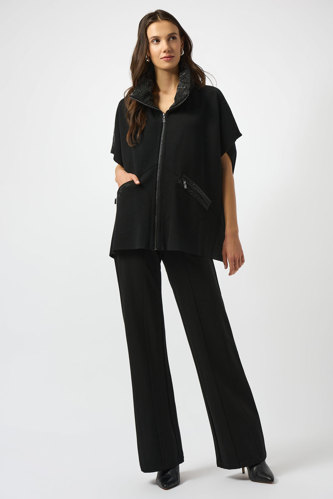 Faux Leather Trimmed Poncho Sleeve Jacket 253998