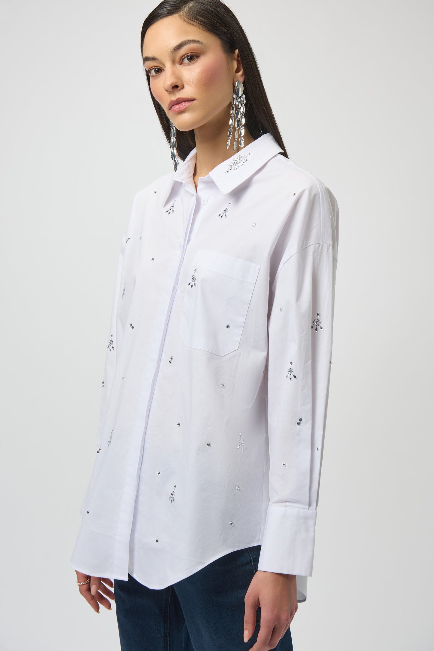 Stretch Poplin Boxy Blouse with Rhinestones 254924