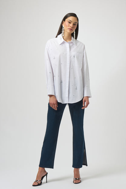 Stretch Poplin Boxy Blouse with Rhinestones 254924